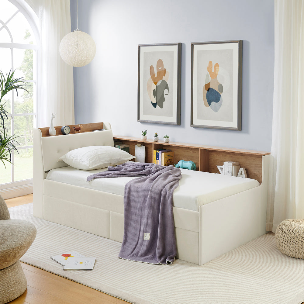 Twin Size Upholstery Velvet Day Bed with Storage Headboard and Wireless Charging, Multi-functional Daybed with Two Storage Drawers & LED Lights, Beige