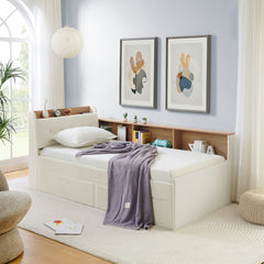 Twin Size Upholstery Velvet Day Bed with Storage Headboard and Wireless Charging, Multi-functional Daybed with Two Storage Drawers & LED Lights, Beige