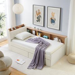 Twin Size Upholstery Velvet Day Bed with Storage Headboard and Wireless Charging, Multi-functional Daybed with Two Storage Drawers & LED Lights, Beige