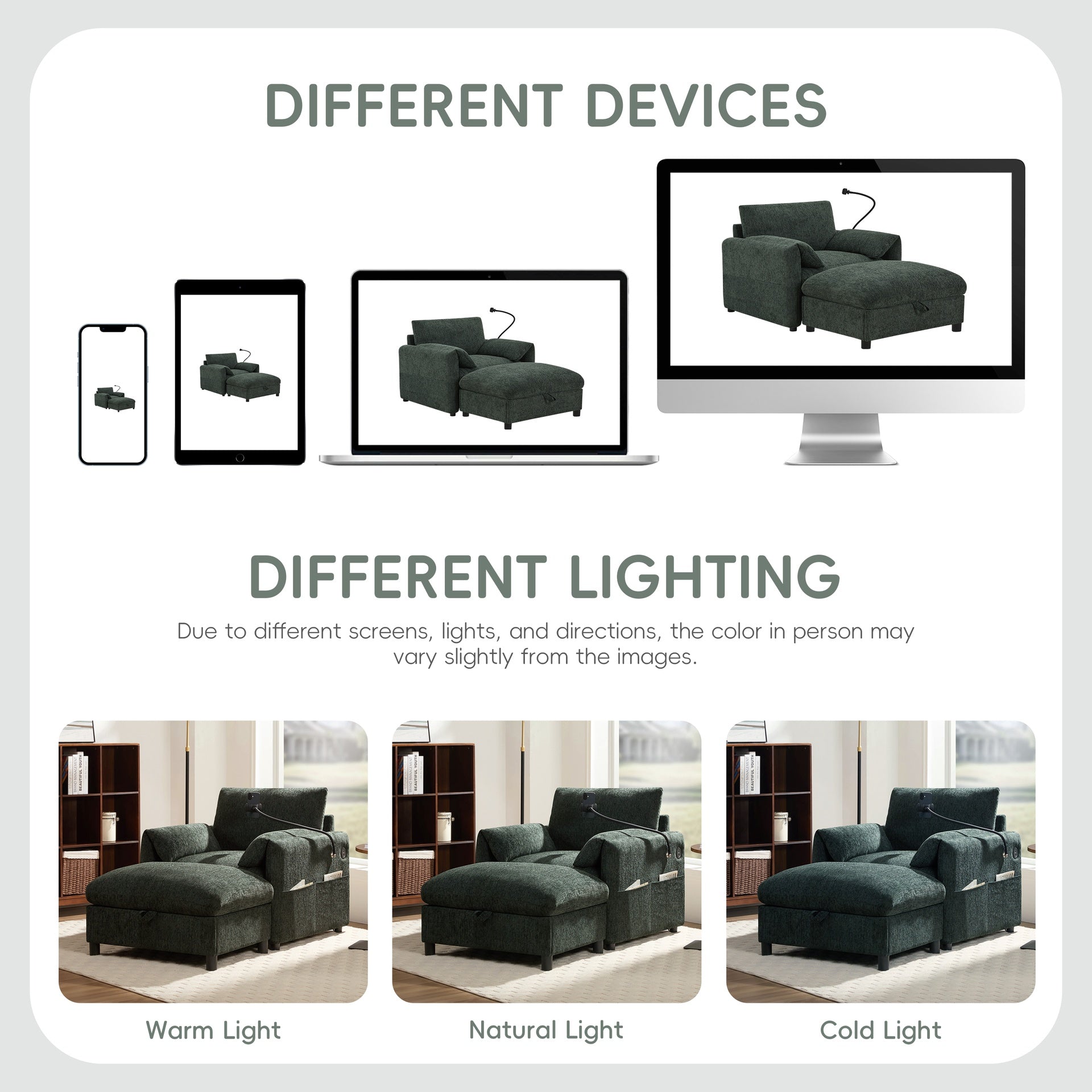 37" Single Sofa with Storage Ottoman, Adjustable Phone Holder, Dual-Port Charger, Storage Pockets, Elephant Ear Armrest, Comfy Chenille Armchair, Modern Cloud Chaise Lounge for Living Room&Apartment