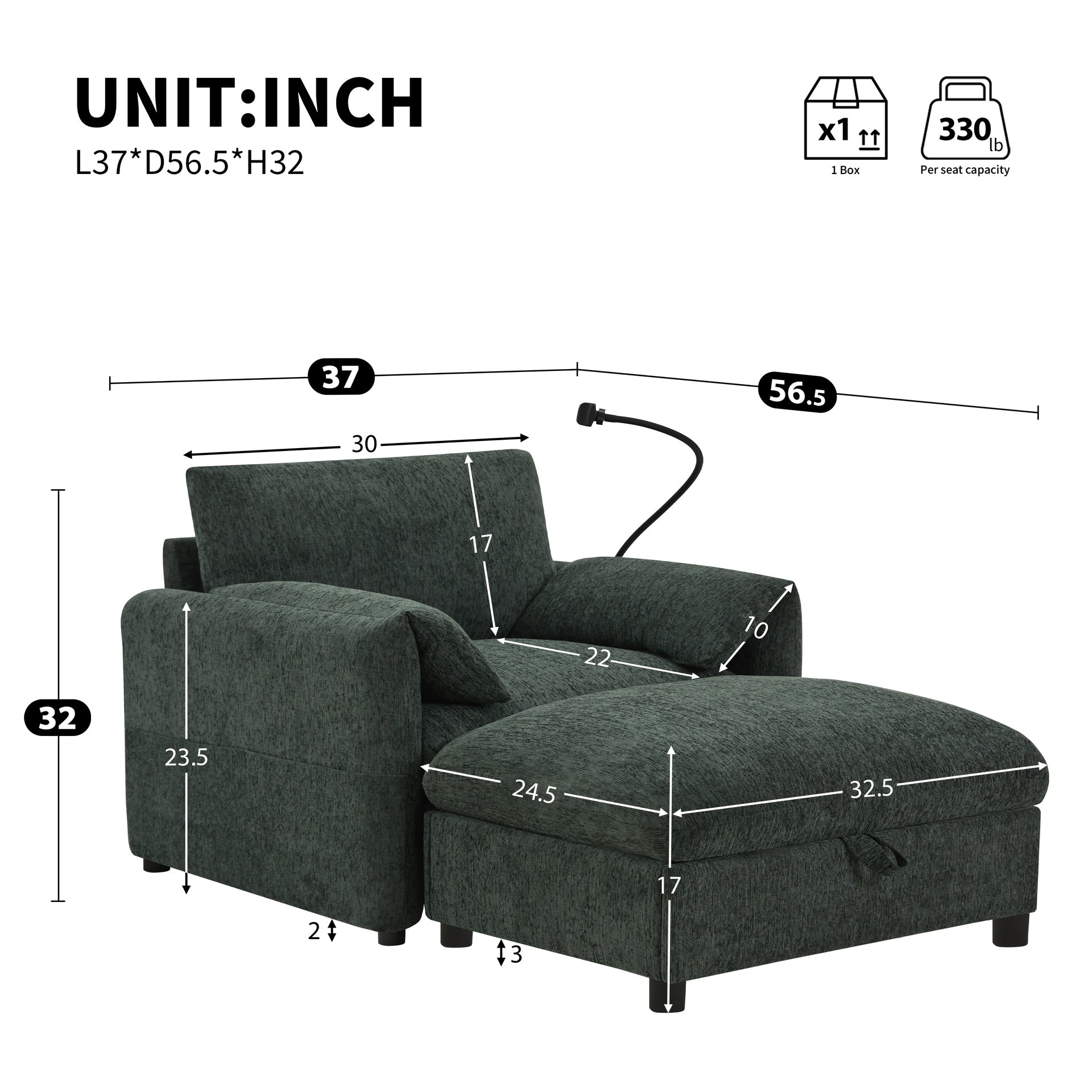 37" Single Sofa with Storage Ottoman, Adjustable Phone Holder, Dual-Port Charger, Storage Pockets, Elephant Ear Armrest, Comfy Chenille Armchair, Modern Cloud Chaise Lounge for Living Room&Apartment