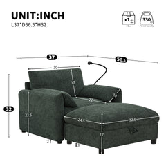 37" Single Sofa with Storage Ottoman, Adjustable Phone Holder, Dual-Port Charger, Storage Pockets, Elephant Ear Armrest, Comfy Chenille Armchair, Modern Cloud Chaise Lounge for Living Room&Apartment