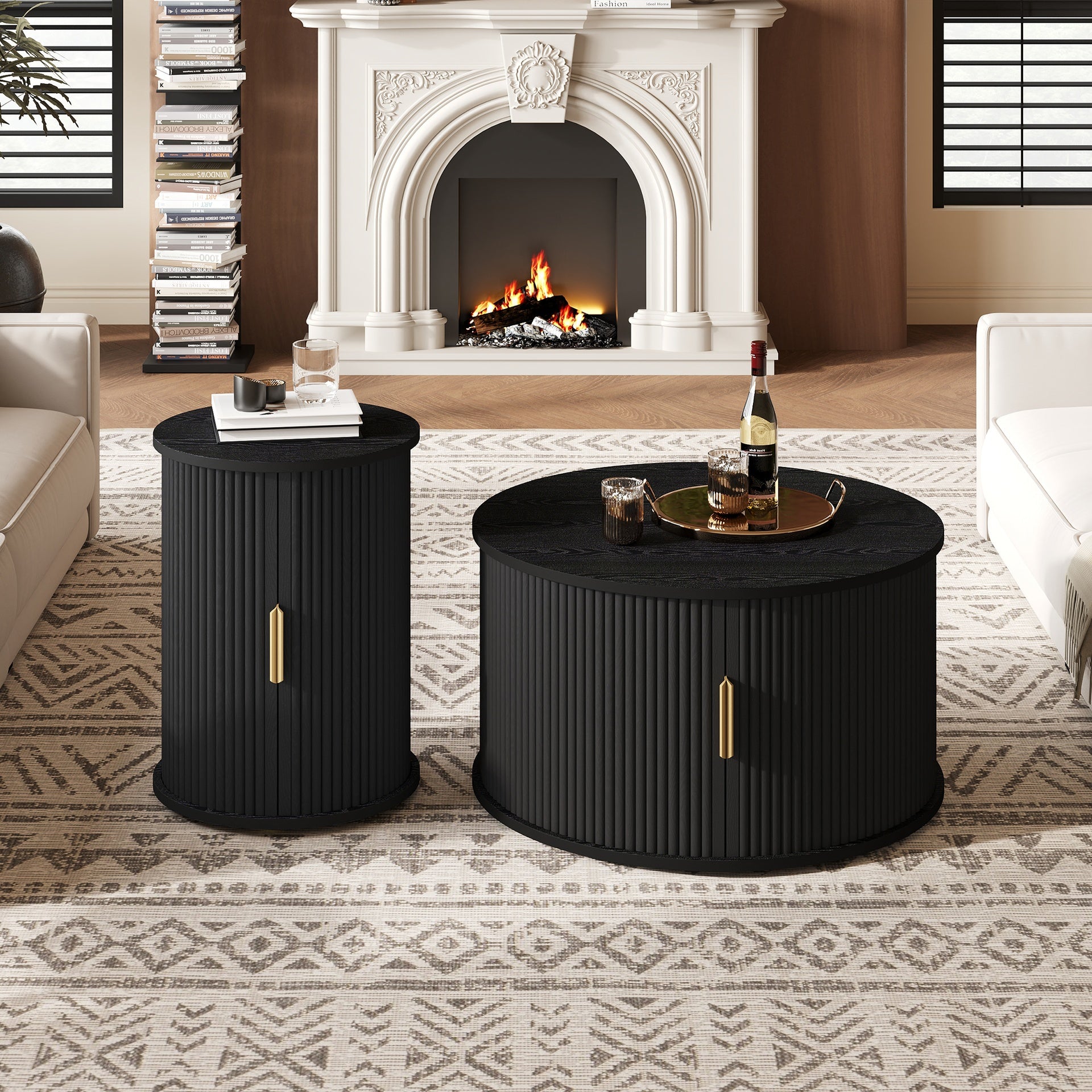 [Assembly Video] Mid-Century Coffee Table Set with Sliding Tambour Door, Round Fluted End Table With Storage, Golden Handle Tall & Low Side Table with Wooden Finish for Living Room, Set of Two, Black