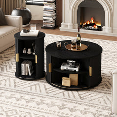 [Assembly Video] Mid-Century Coffee Table Set with Sliding Tambour Door, Round Fluted End Table With Storage, Golden Handle Tall & Low Side Table with Wooden Finish for Living Room, Set of Two, Black