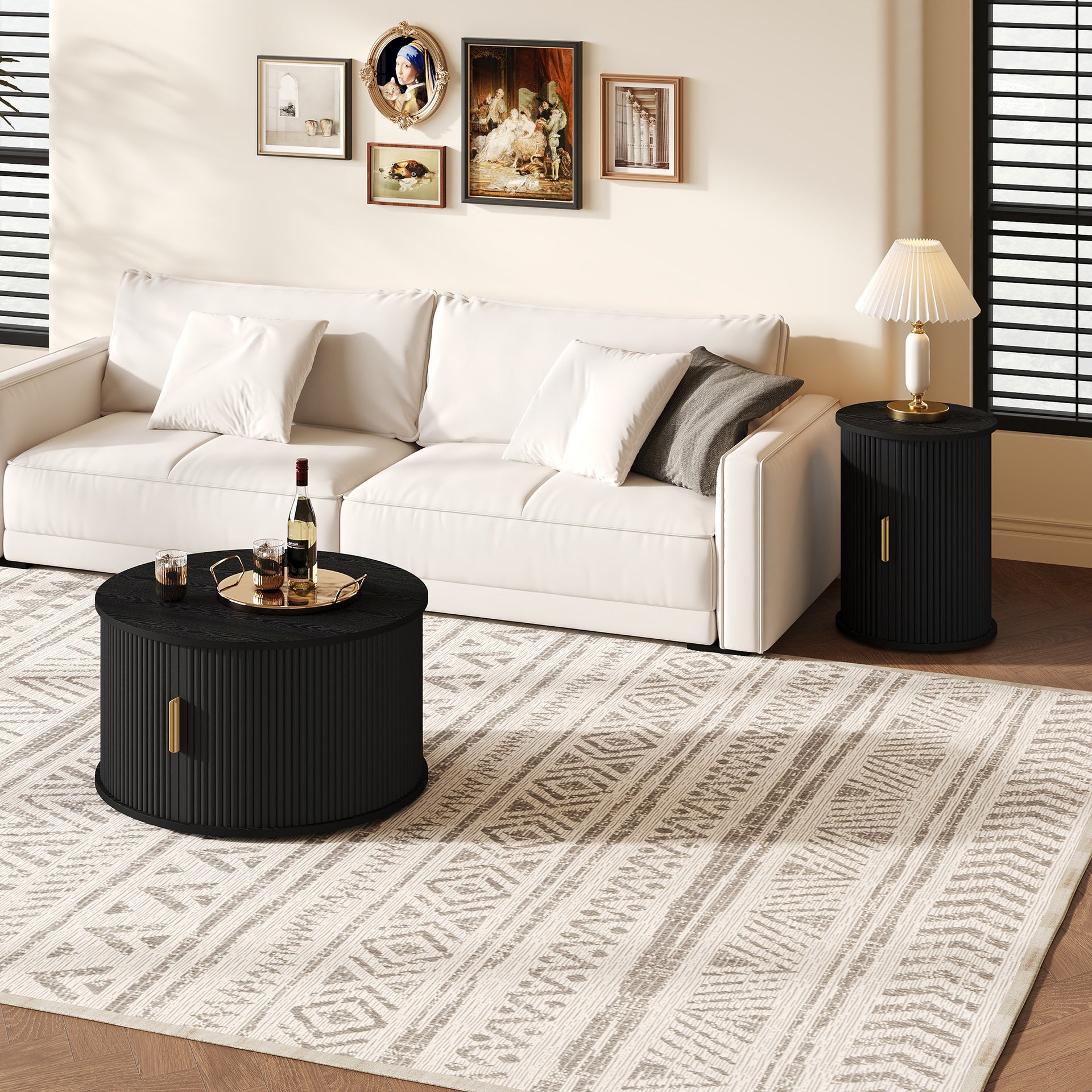 [Assembly Video] Mid-Century Coffee Table Set with Sliding Tambour Door, Round Fluted End Table With Storage, Golden Handle Tall & Low Side Table with Wooden Finish for Living Room, Set of Two, Black