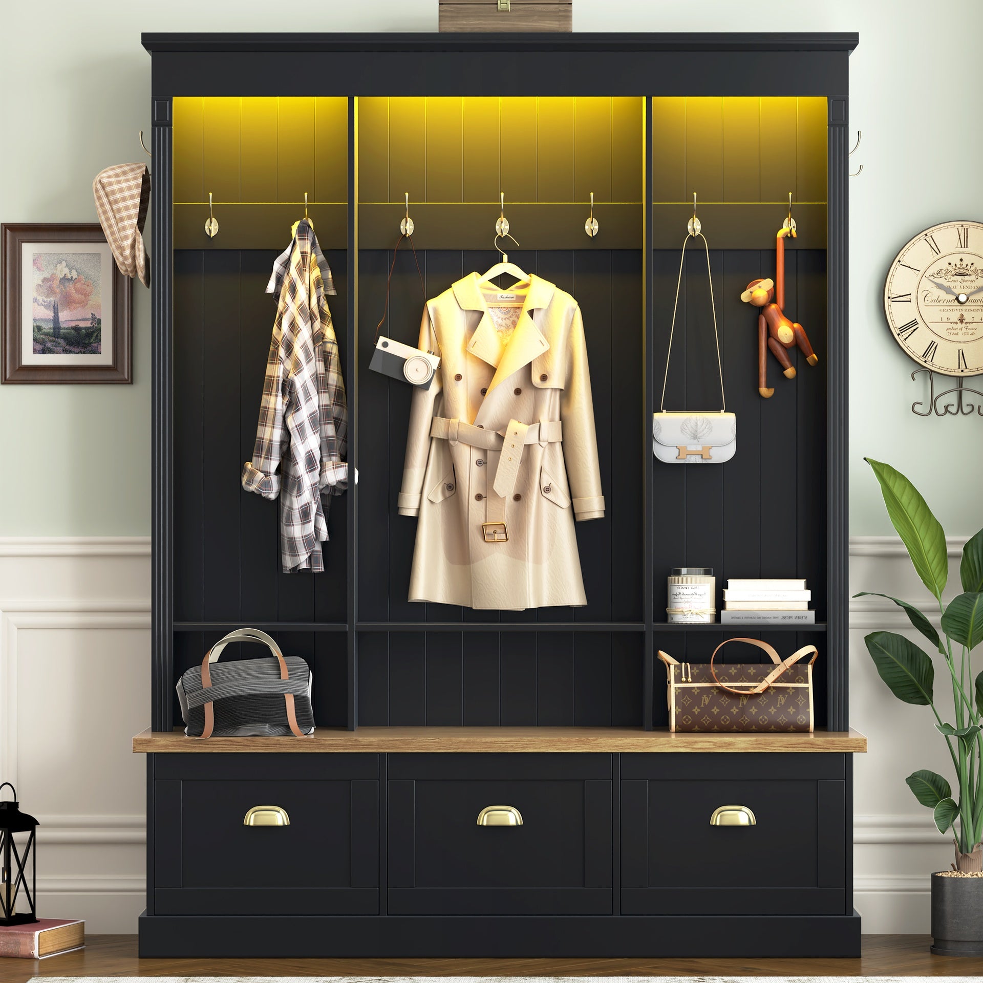 [Assembly Video] Elegant APP Controlled LED Light Hall Tree with 9 Hooks, Roman Column Design Natural Storage Bench with 3 Large Cabinets, Farmhouse Entryway Organizer with Shelves for Hallway, Black
