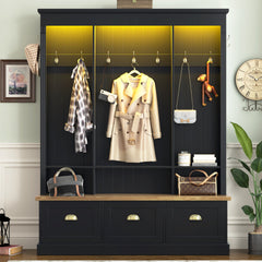 [Assembly Video] Elegant APP Controlled LED Light Hall Tree with 9 Hooks, Roman Column Design Natural Storage Bench with 3 Large Cabinets, Farmhouse Entryway Organizer with Shelves for Hallway, Black