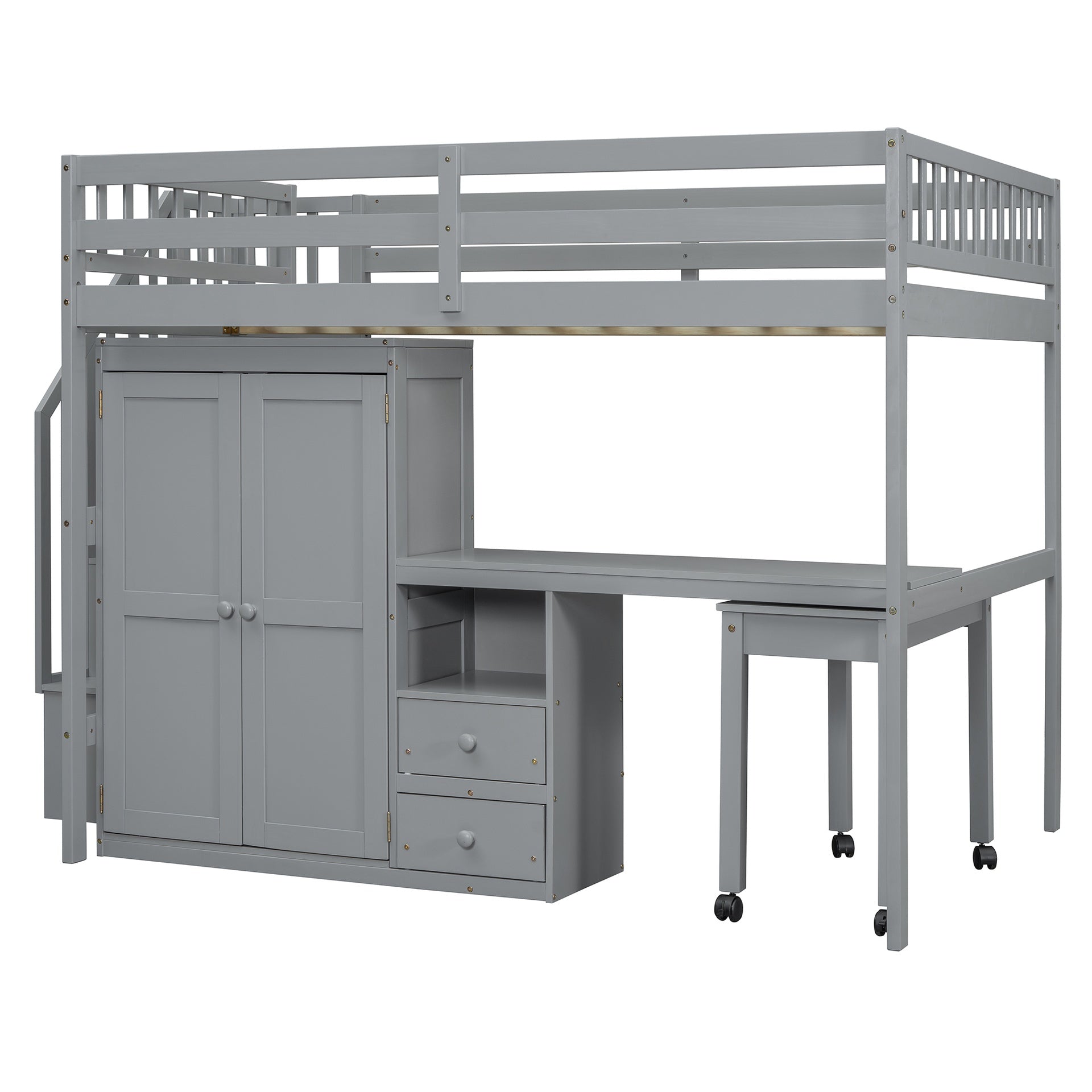 Full Size Loft Bed with Stairs, Bookshelf, Drawers, Desk & Wardrobe – Space-Saving Multifunctional Furniture for Kids & Teens-Gray