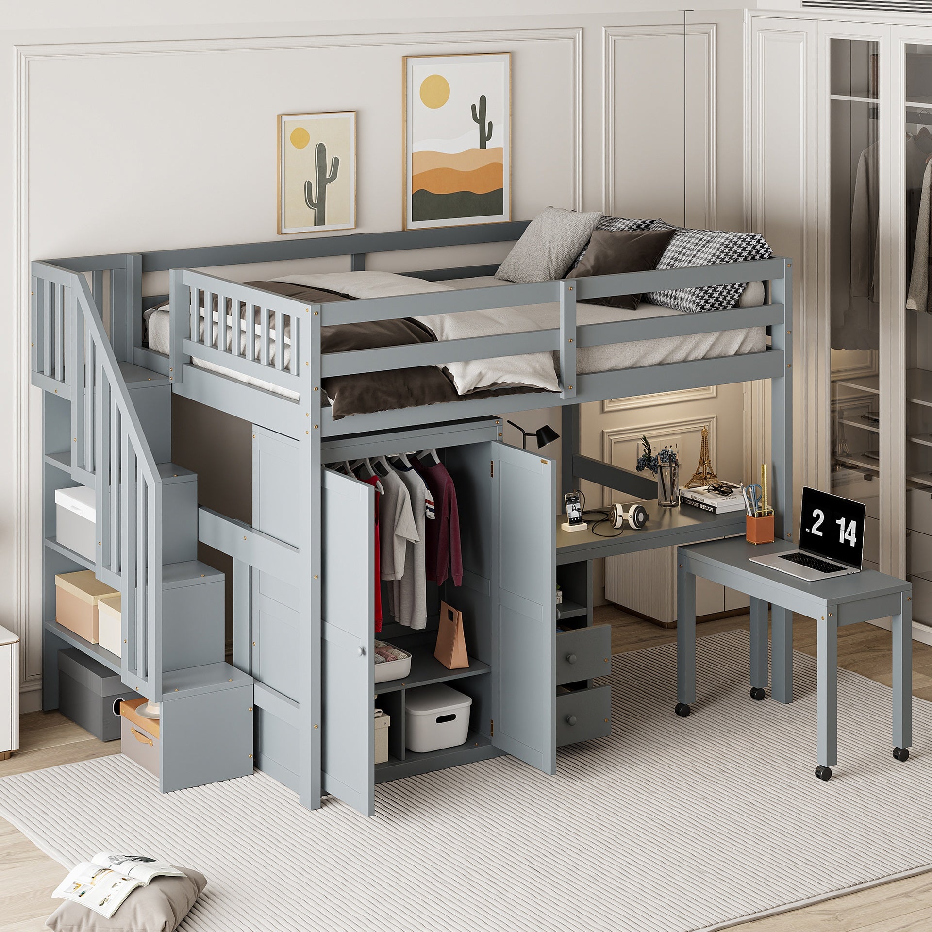 Full Size Loft Bed with Stairs, Bookshelf, Drawers, Desk & Wardrobe – Space-Saving Multifunctional Furniture for Kids & Teens-Gray