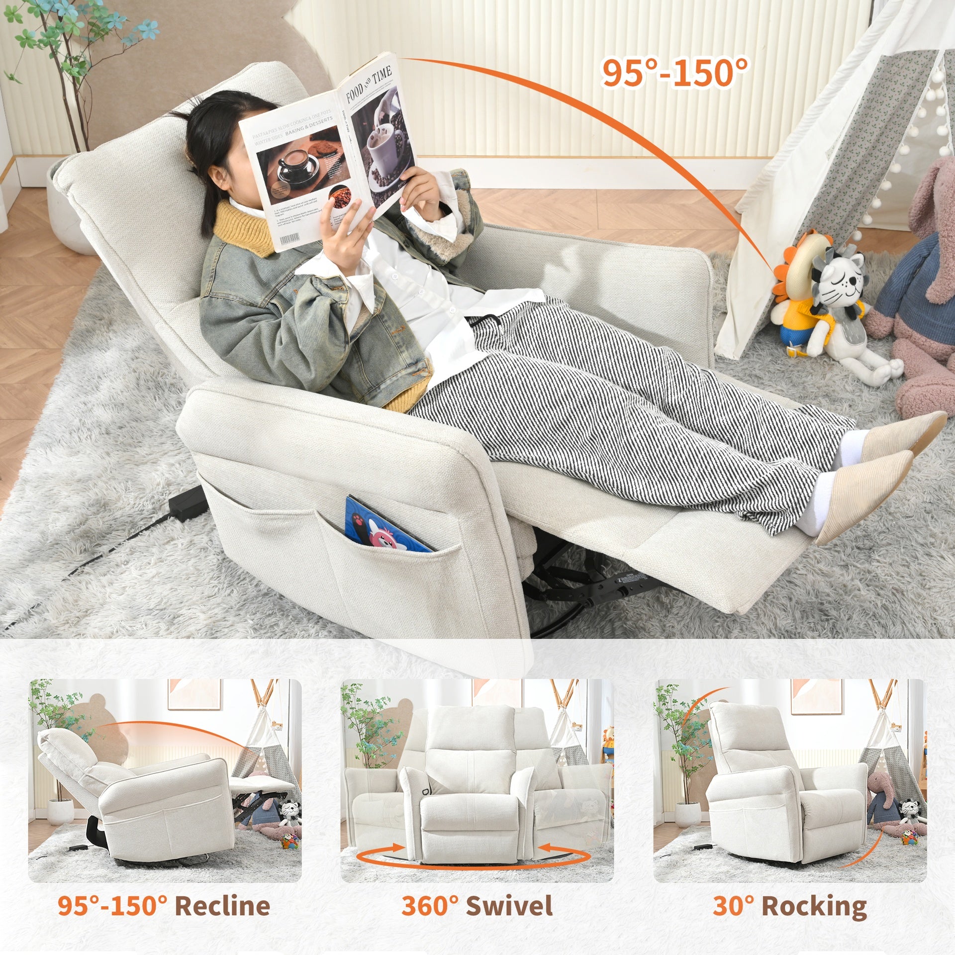 360° Swivel Rocker Recliner Chair,Swivel Nursery Rocking Chair w/Pull Ring,Glider Chair,Modern Rocking Swivel Recliner Chair for Bedroom,Living Room Chair Home Theater Seating(Fabric Gray+360°Swivel )