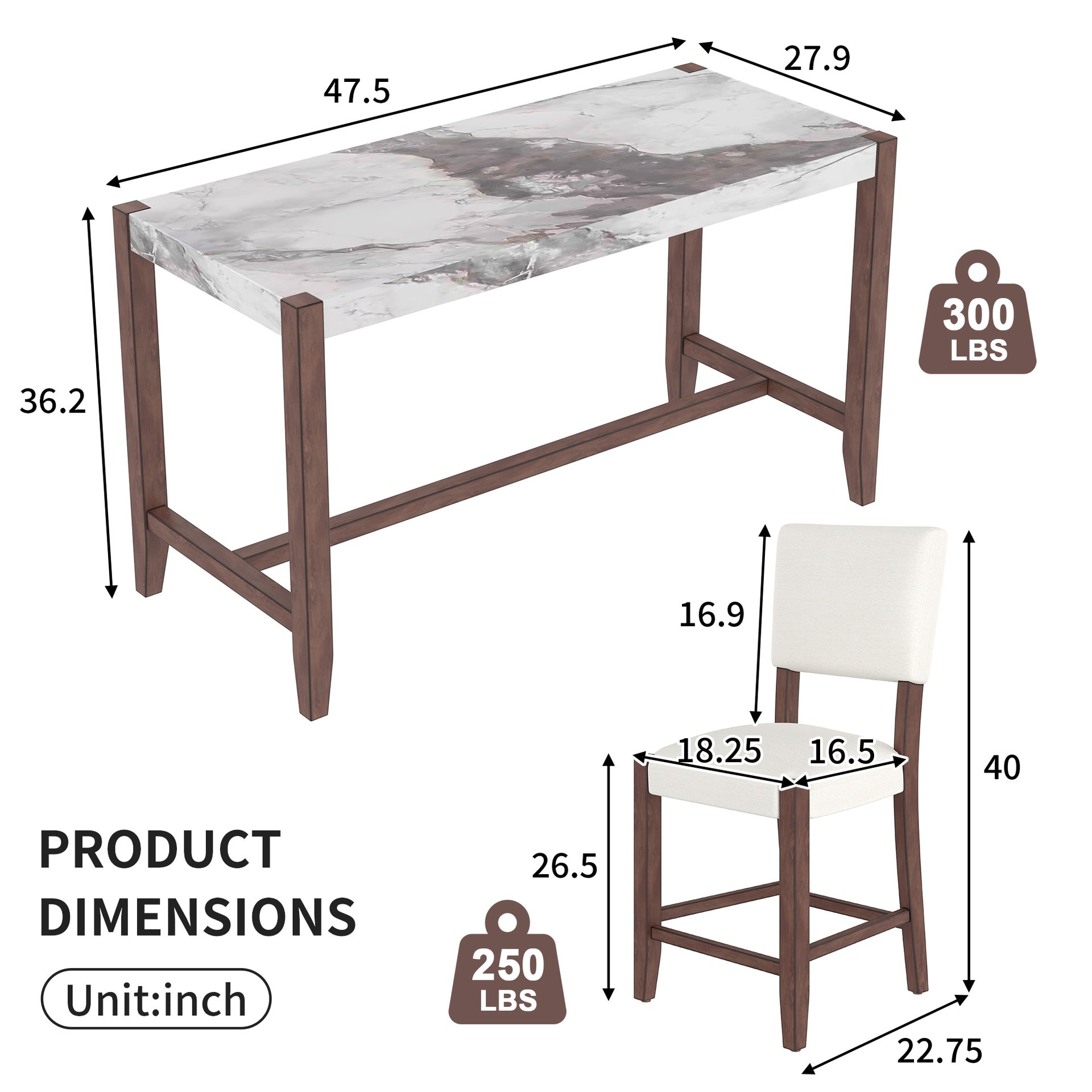 3-Piece Counter Height Dining Table Set for 2, Faux Marble Bar Table and 2 Upholstered-Seat Chairs, Mid-century Modern Dining Set for Dining Room, Pub Kitchen, Small Place