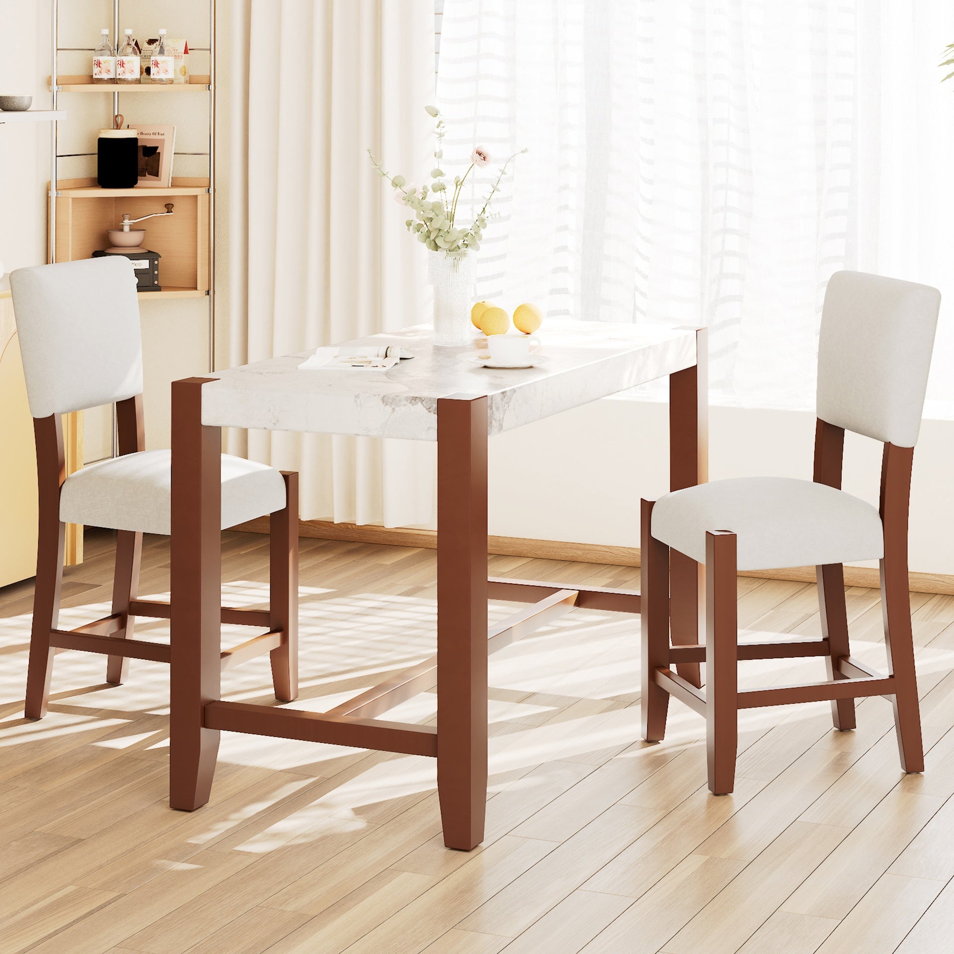 3-Piece Counter Height Dining Table Set for 2, Faux Marble Bar Table and 2 Upholstered-Seat Chairs, Mid-century Modern Dining Set for Dining Room, Pub Kitchen, Small Place