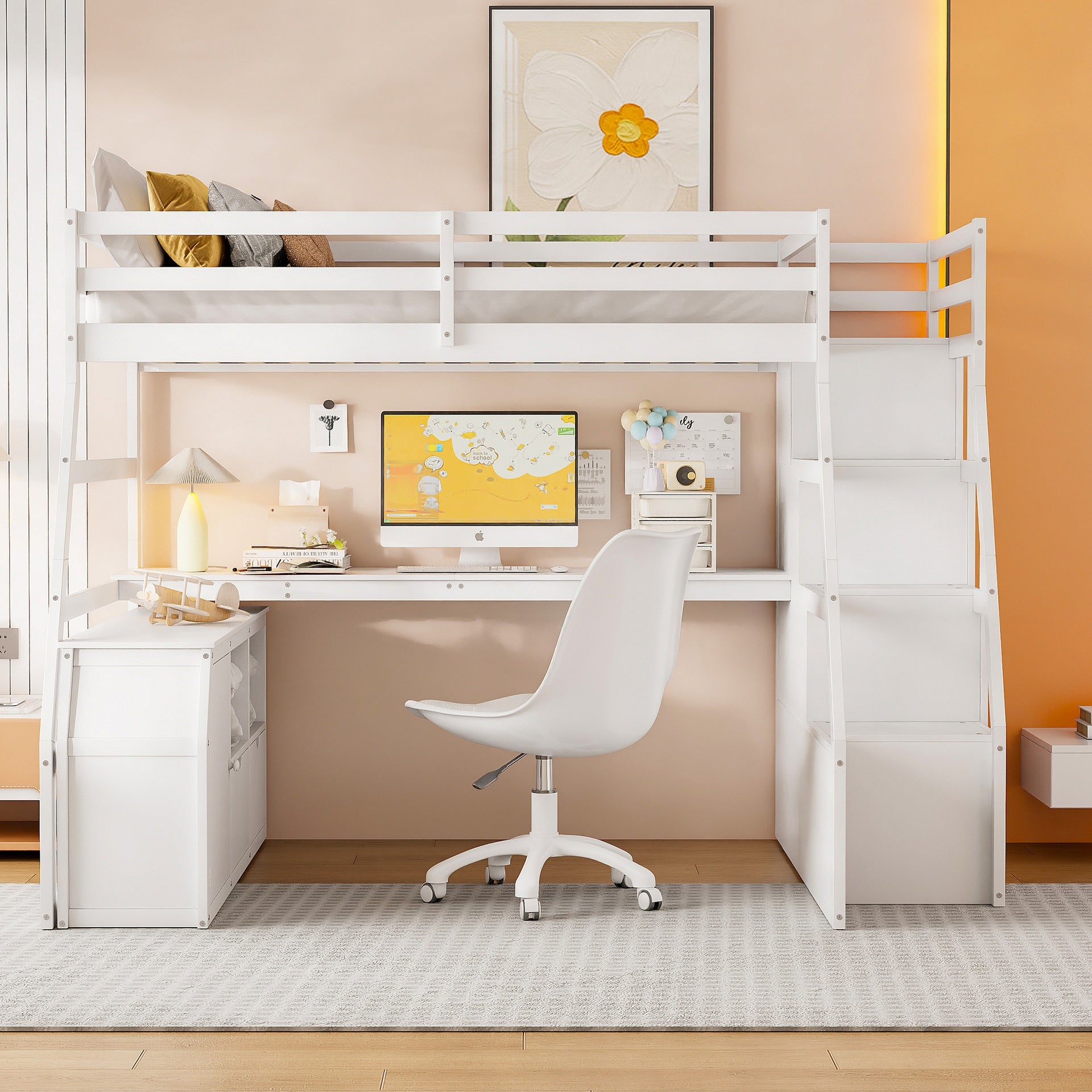 Full Size Loft Bed with 7 Drawers 2 Shelves and Desk - White