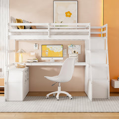 Full Size Loft Bed with 7 Drawers 2 Shelves and Desk - White