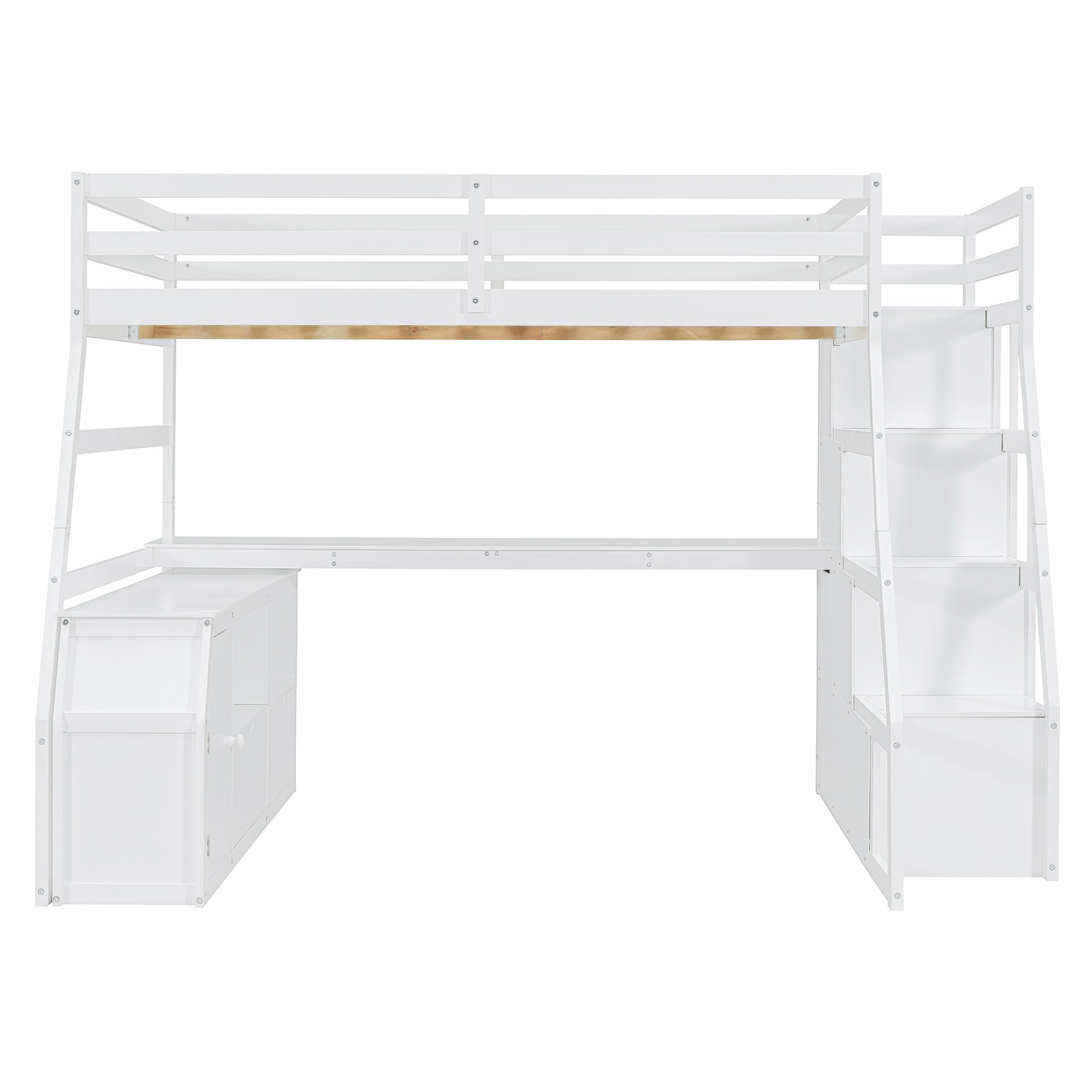 Full Size Loft Bed with 7 Drawers 2 Shelves and Desk - White
