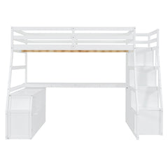 Full Size Loft Bed with 7 Drawers 2 Shelves and Desk - White