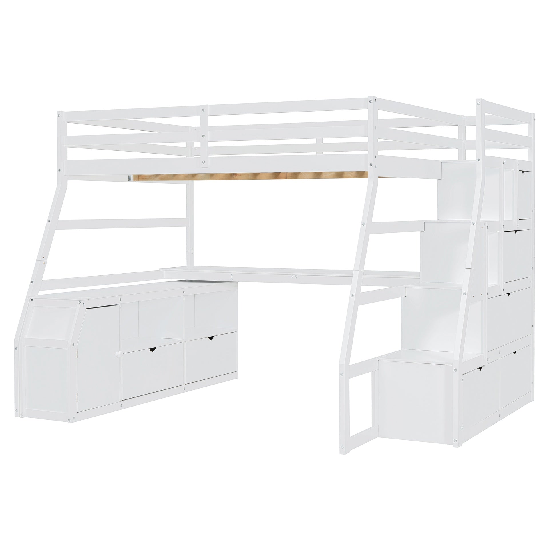 Full Size Loft Bed with 7 Drawers 2 Shelves and Desk - White