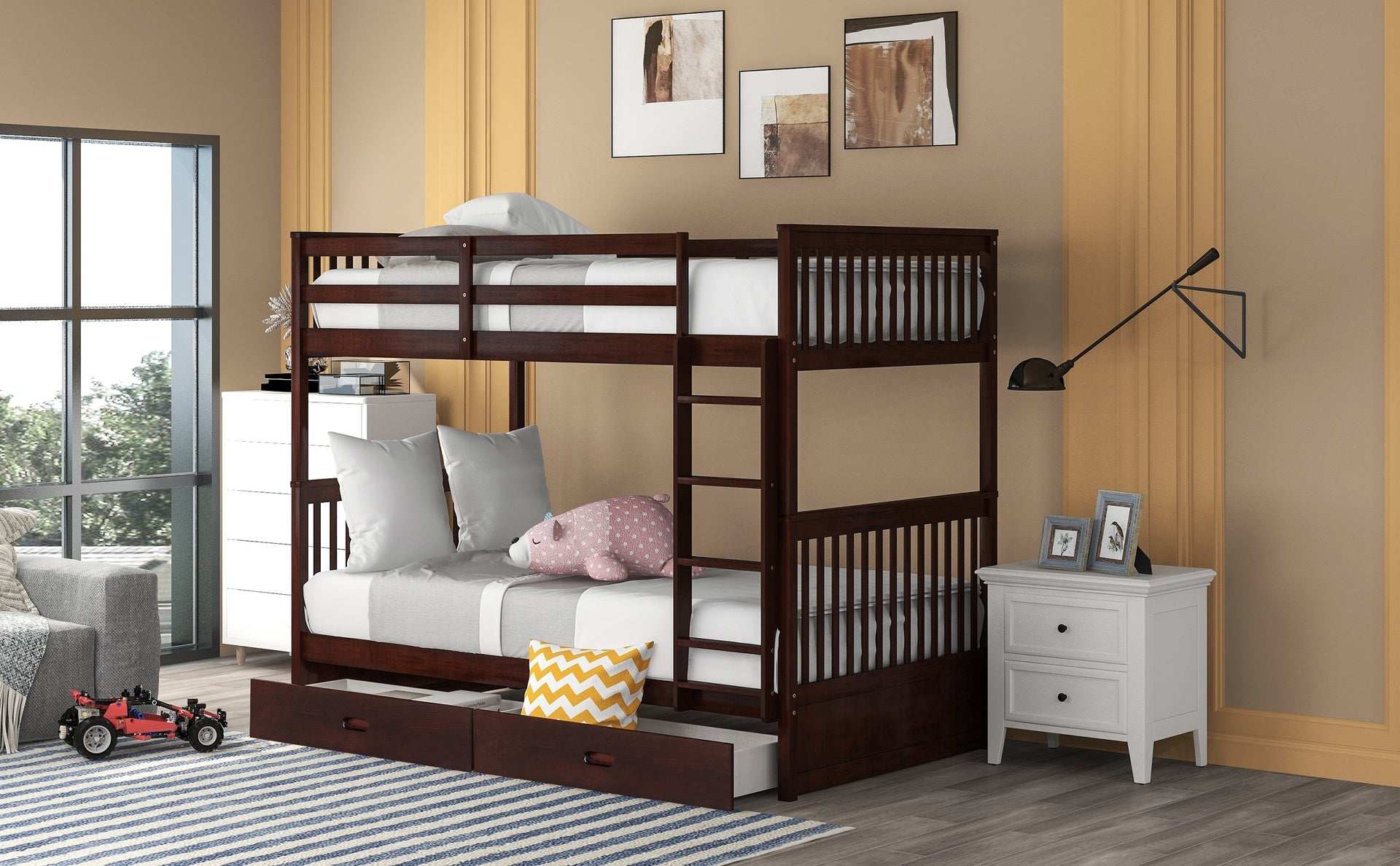 Twin-Over-Twin Bunk Bed with Ladders and Two Storage Drawers (Espresso)