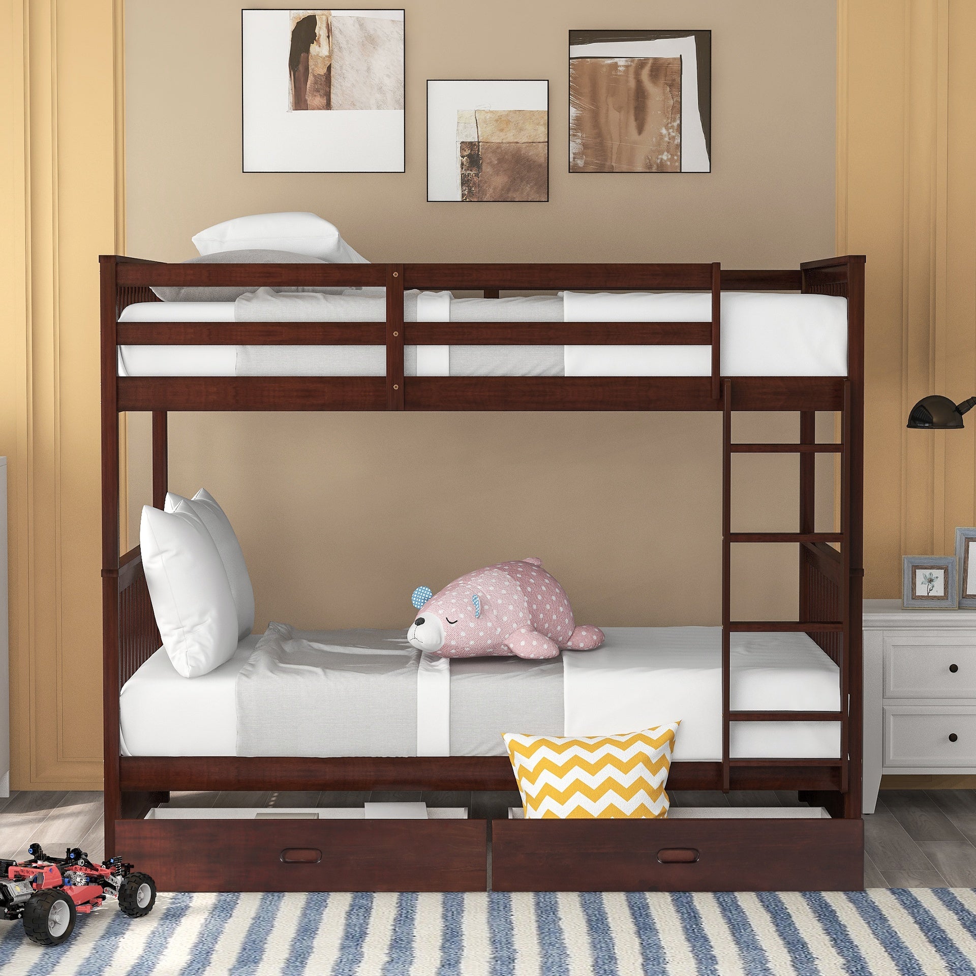 Twin-Over-Twin Bunk Bed with Ladders and Two Storage Drawers (Espresso)