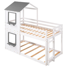 Twin Over Twin Bunk Bed Wood Bed with Roof, Window, Guardrail, Ladder (White)