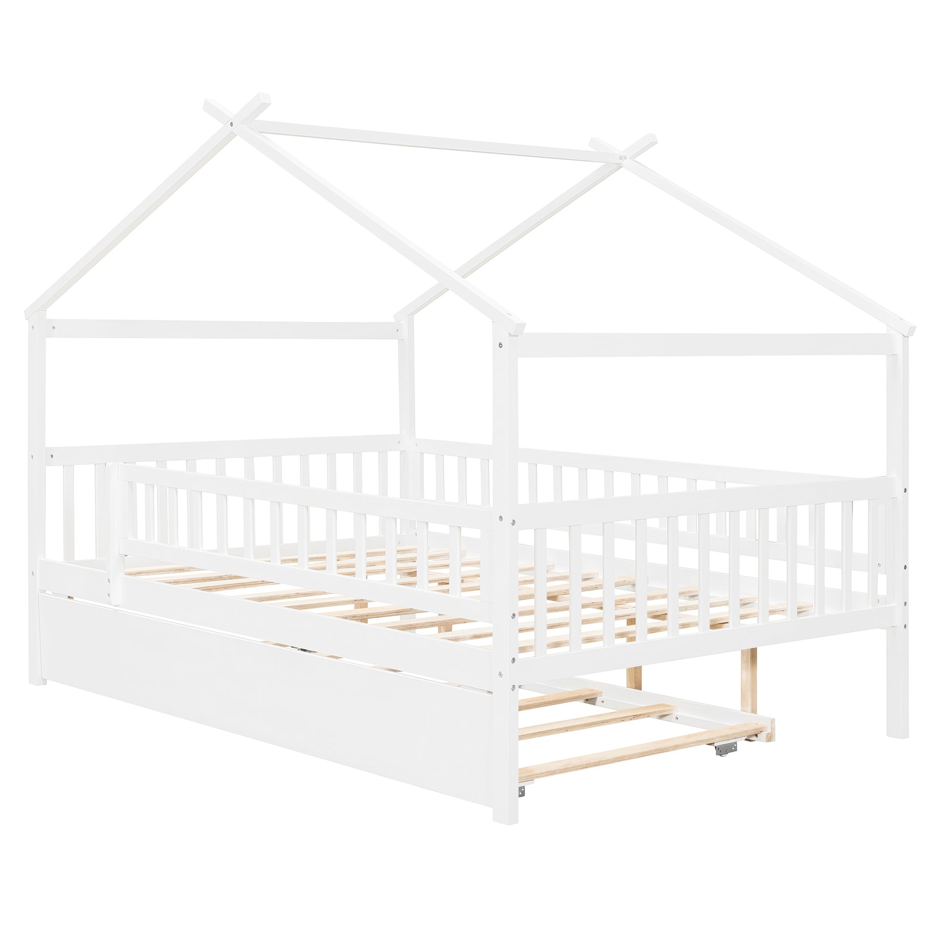 Full Size Wooden House Bed with Twin Size Trundle, White