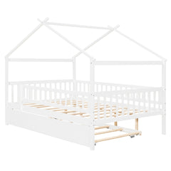 Full Size Wooden House Bed with Twin Size Trundle, White
