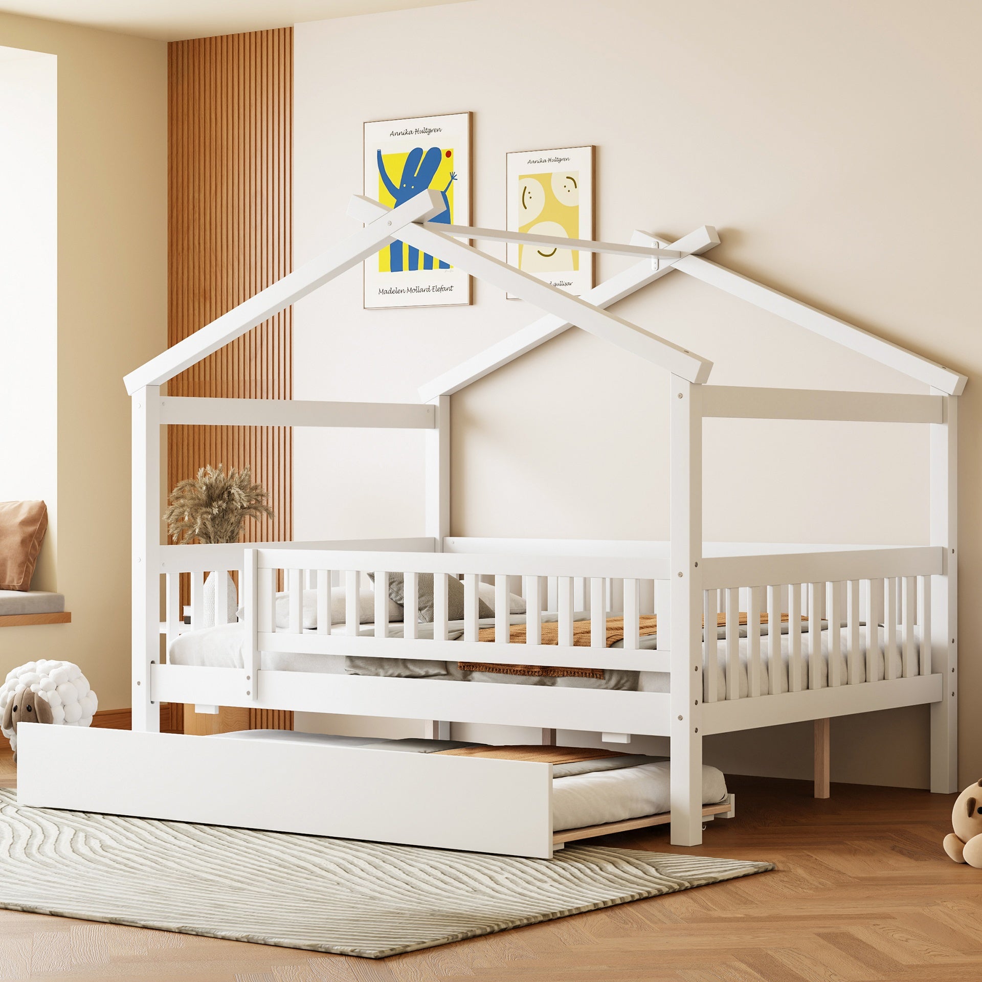 Full Size Wooden House Bed with Twin Size Trundle, White