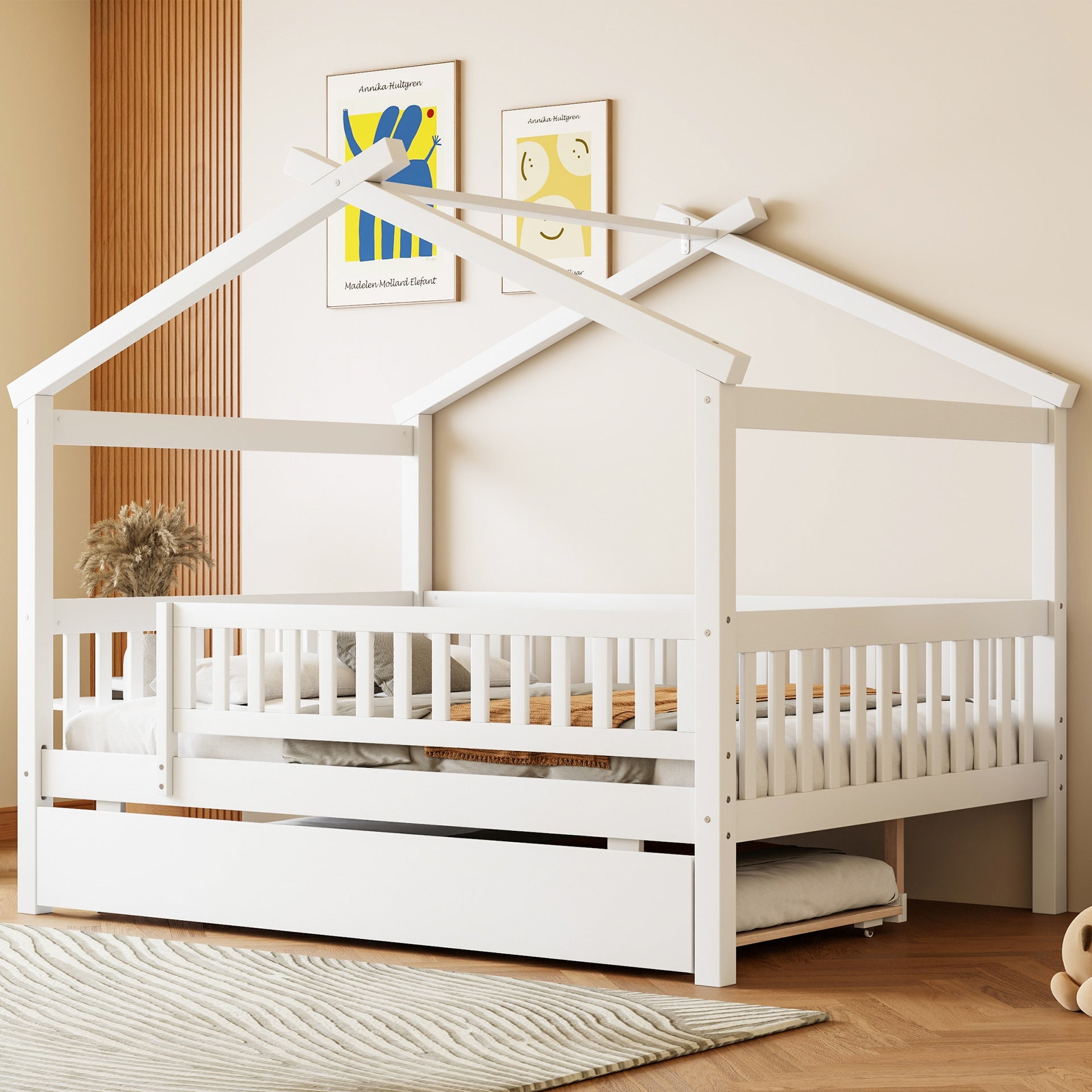 Full Size Wooden House Bed with Twin Size Trundle, White