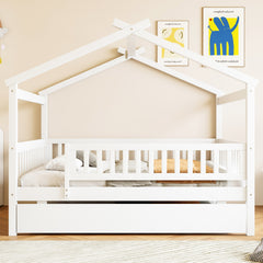 Full Size Wooden House Bed with Twin Size Trundle, White