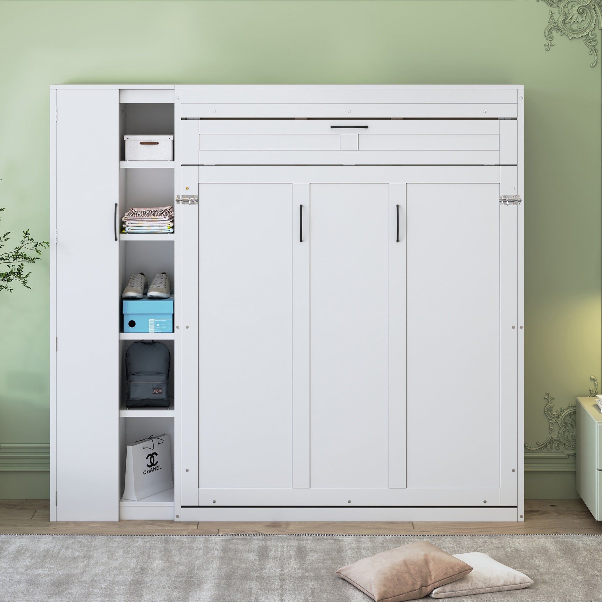 Queen Size Murphy Bed Wall Bed with Shelves, Wardrobe and LED Lights,White