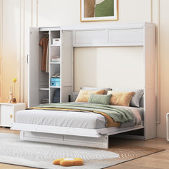 Queen Size Murphy Bed Wall Bed with Shelves, Wardrobe and LED Lights,White