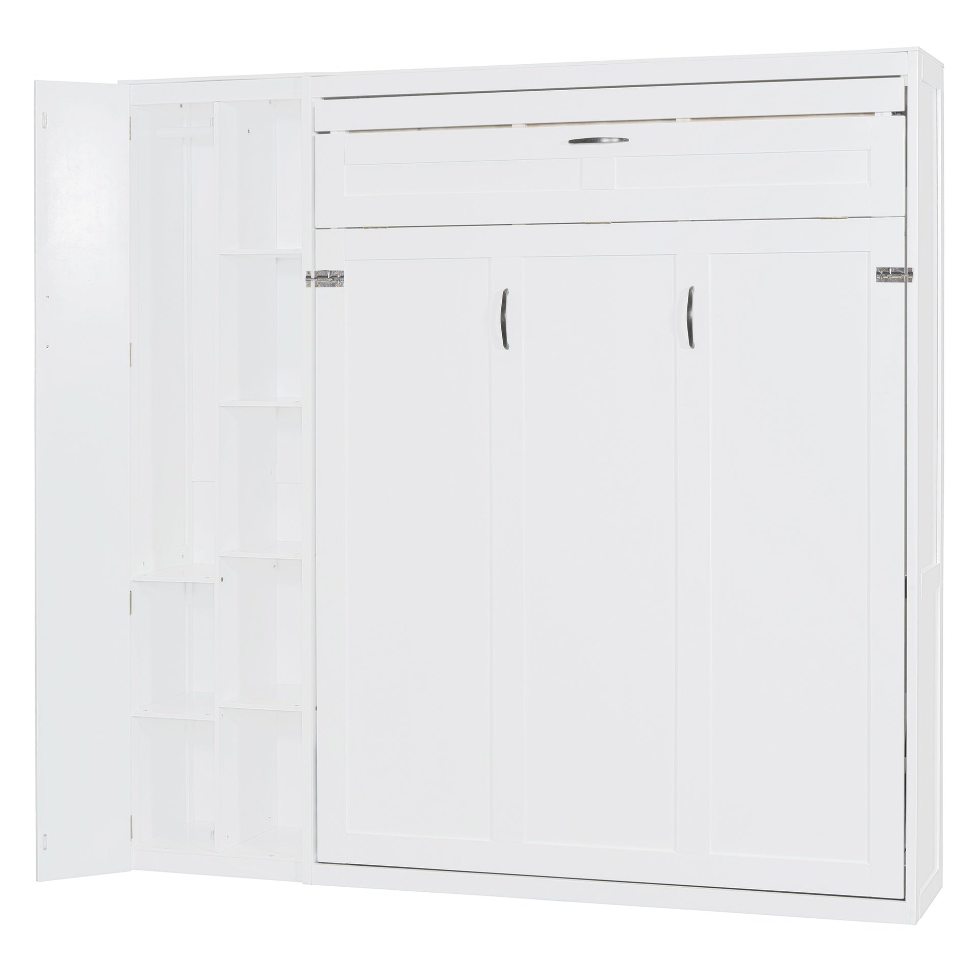 Queen Size Murphy Bed Wall Bed with Shelves, Wardrobe and LED Lights,White