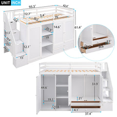 Functional Loft Bed with 3 Shelves, 2 Wardrobes and 2 Drawers,  Ladder with Storage, No Box Spring Needed, White