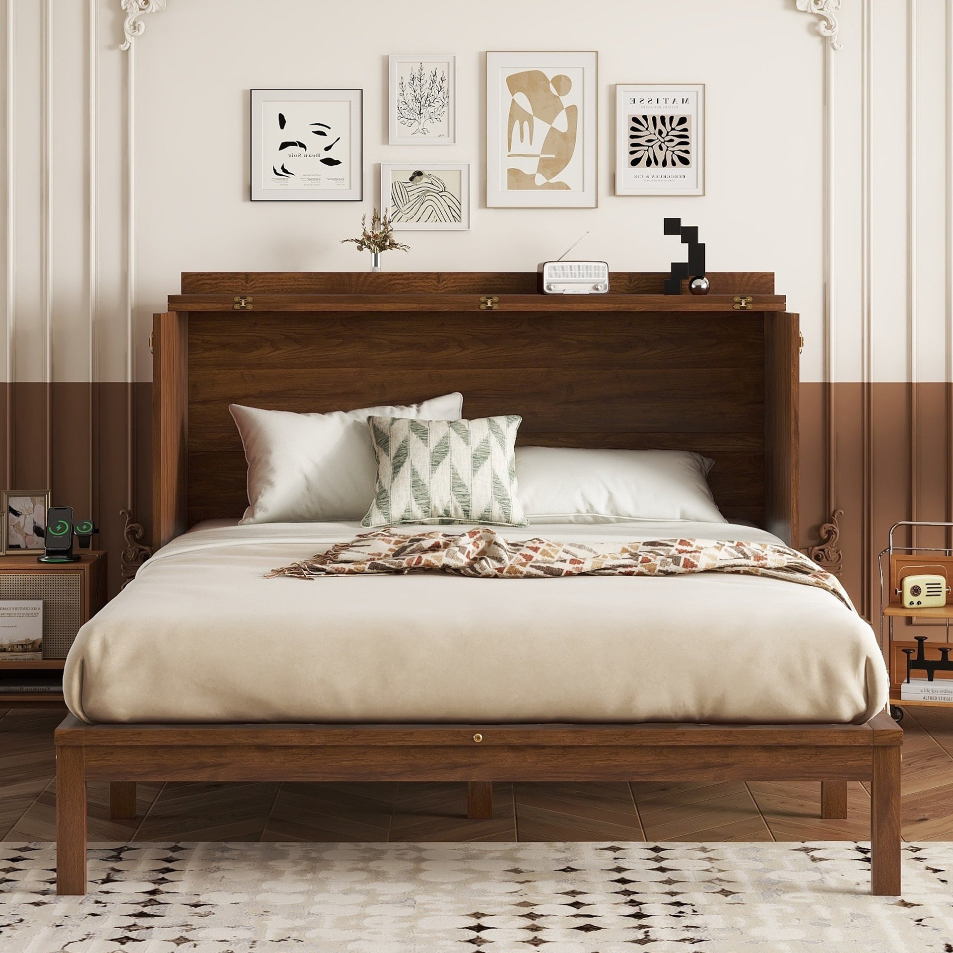 Queen Size Murphy Bed, Pine Wood Cabinet Bed with Power Station and Rattan Decoration Panel,Walnut