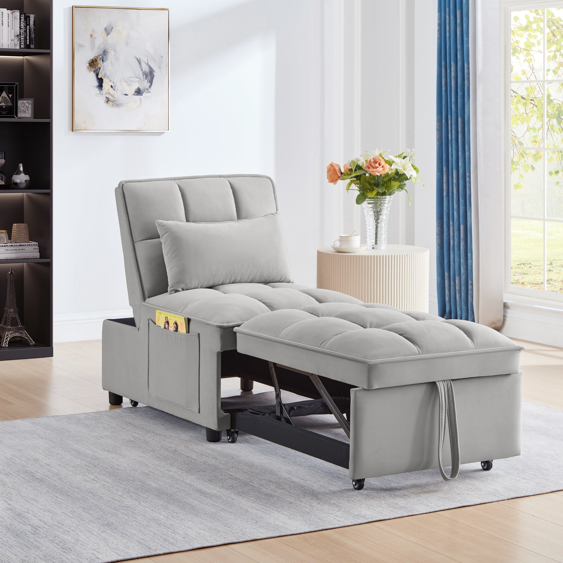 4 in1 Multi-Function Single Sofa Bed with Storage Pockets,Tufted Single Pull-out Sofa Bed with Adjustable Backrest and Pillows ,Convertible  Chaise Lounge,Gray