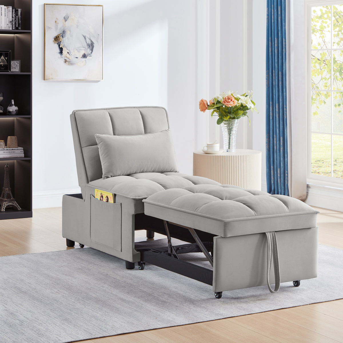 4 in1 Multi-Function Single Sofa Bed with Storage Pockets,Tufted Single Pull-out Sofa Bed with Adjustable Backrest and Pillows ,Convertible  Chaise Lounge,Gray