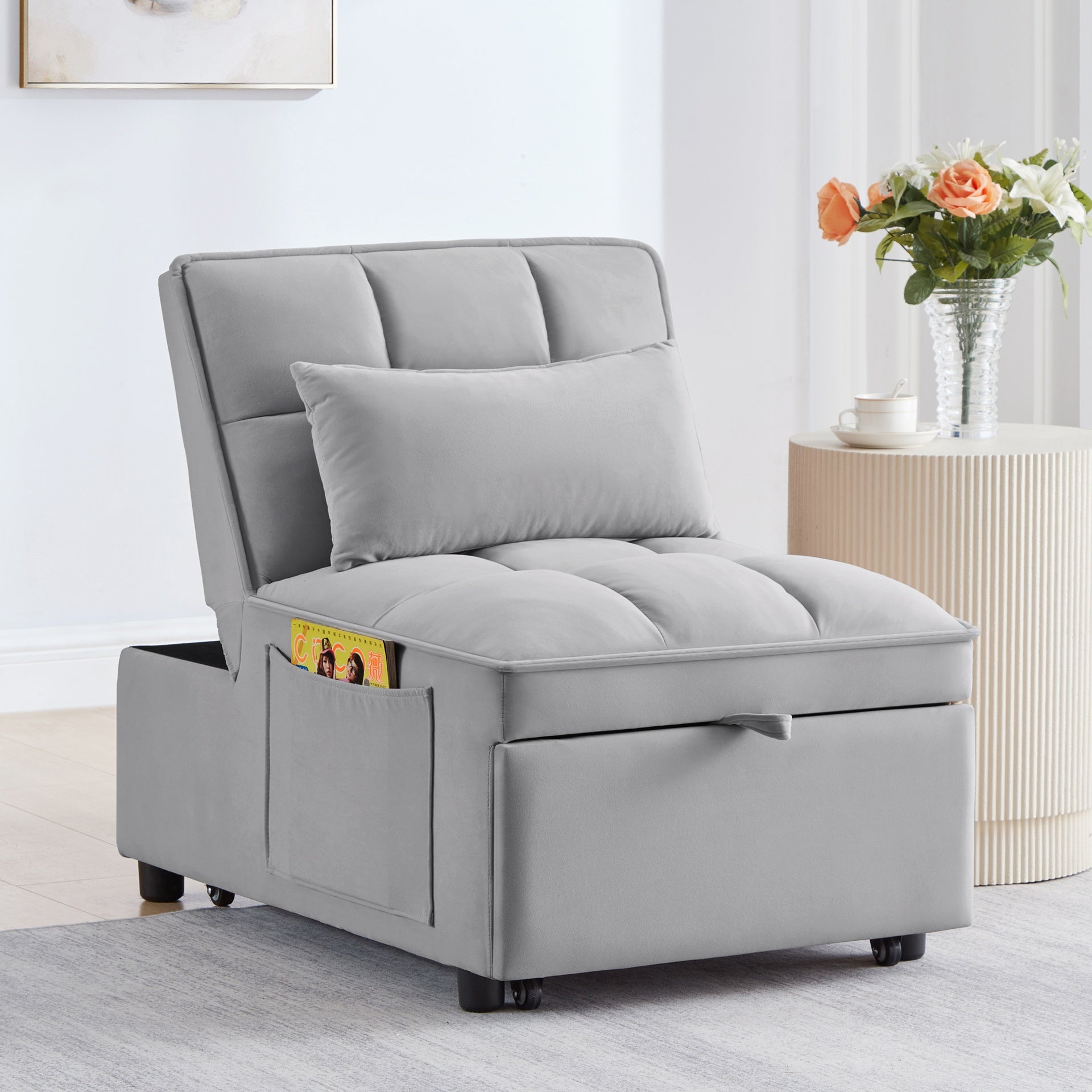 4 in1 Multi-Function Single Sofa Bed with Storage Pockets,Tufted Single Pull-out Sofa Bed with Adjustable Backrest and Pillows ,Convertible  Chaise Lounge,Gray