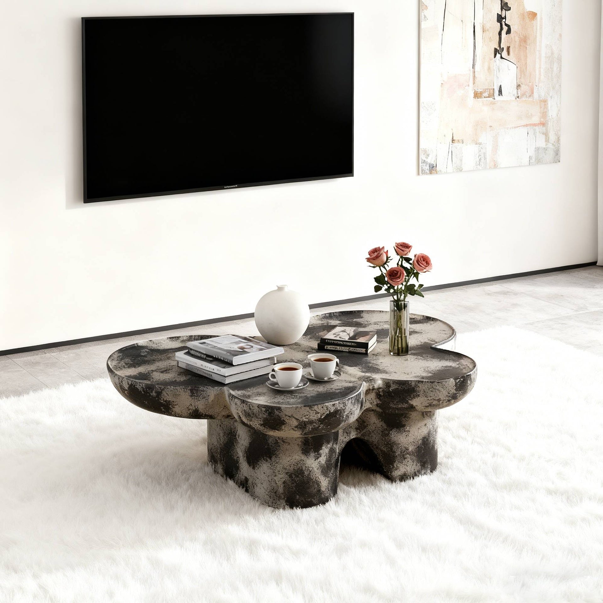Butterfly design style, coffee table, imitation natural limestone material, suitable for living room/office, fiberglass, black and beige combination.