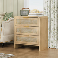 Rattan Nightstand 3 Drawers, 22.8" Wide Curved Wooden Bedside Table, Modern Storage for Bedroom, Natural Oak.