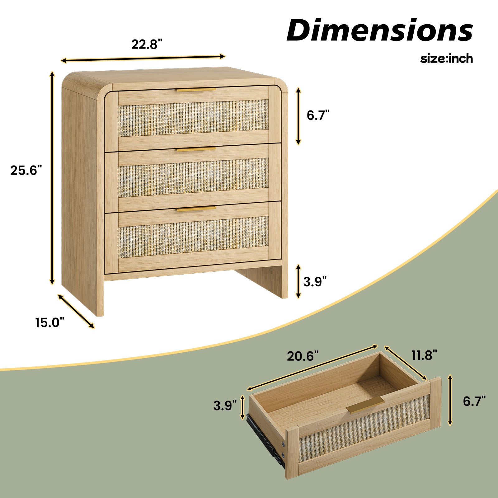 Rattan Nightstand 3 Drawers, 22.8" Wide Curved Wooden Bedside Table, Modern Storage for Bedroom, Natural Oak.