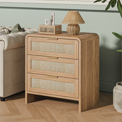 Rattan Nightstand with 3 Drawers set of 2, 22.8" Wide Curved Wooden Bedside Table, Modern Storage for Bedroom, Caramel Oak.