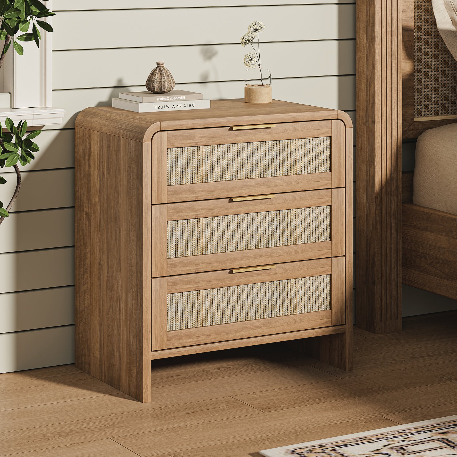 Rattan Nightstand with 3 Drawers set of 2, 22.8" Wide Curved Wooden Bedside Table, Modern Storage for Bedroom, Caramel Oak.