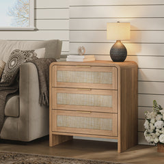 Rattan Nightstand with 3 Drawers set of 2, 22.8" Wide Curved Wooden Bedside Table, Modern Storage for Bedroom, Caramel Oak.