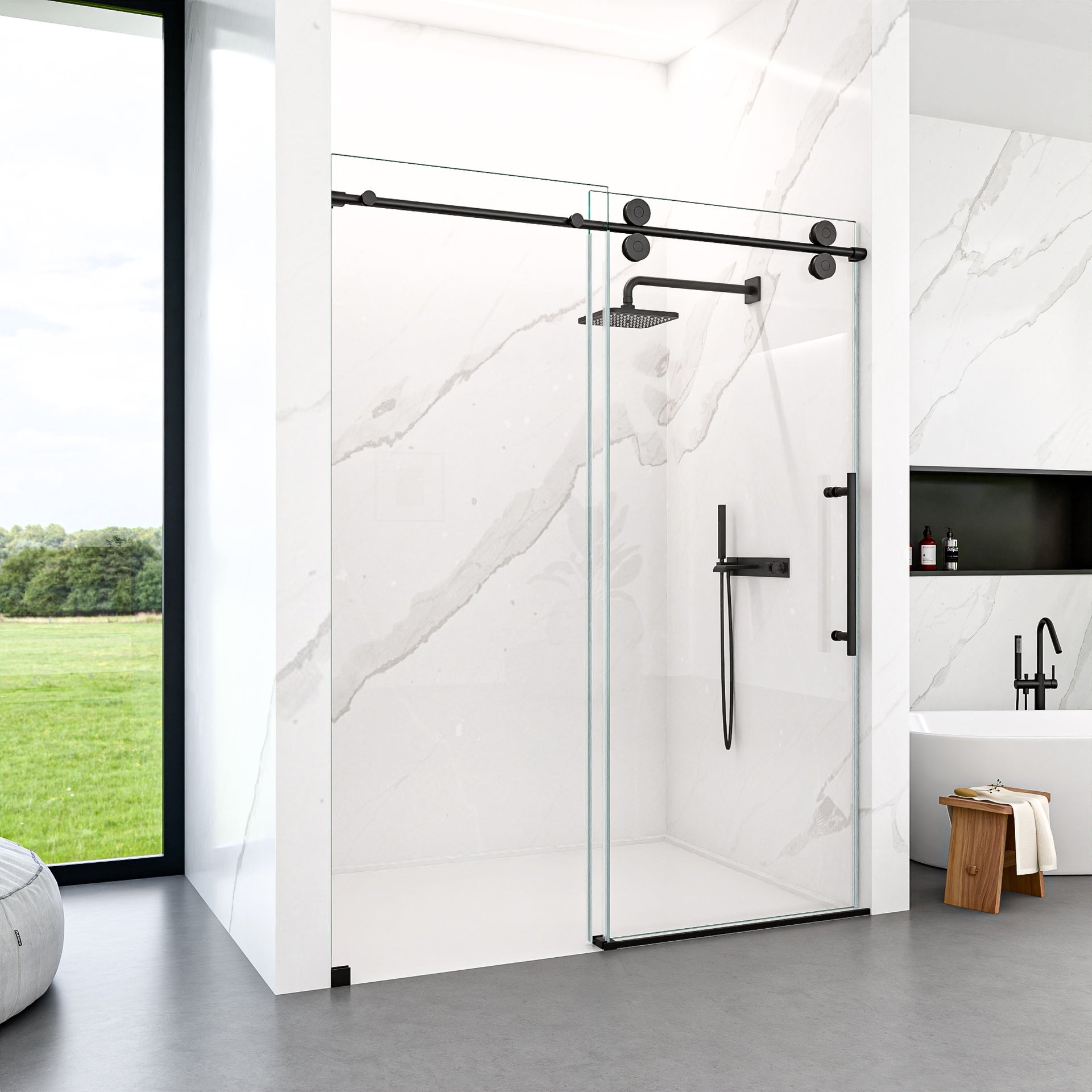 44"-48"W*76" H Frameless Single Sliding Shower Door – 5/16" (8mm) Clear Tempered Glass, Bypass Design with Matte Black Finish