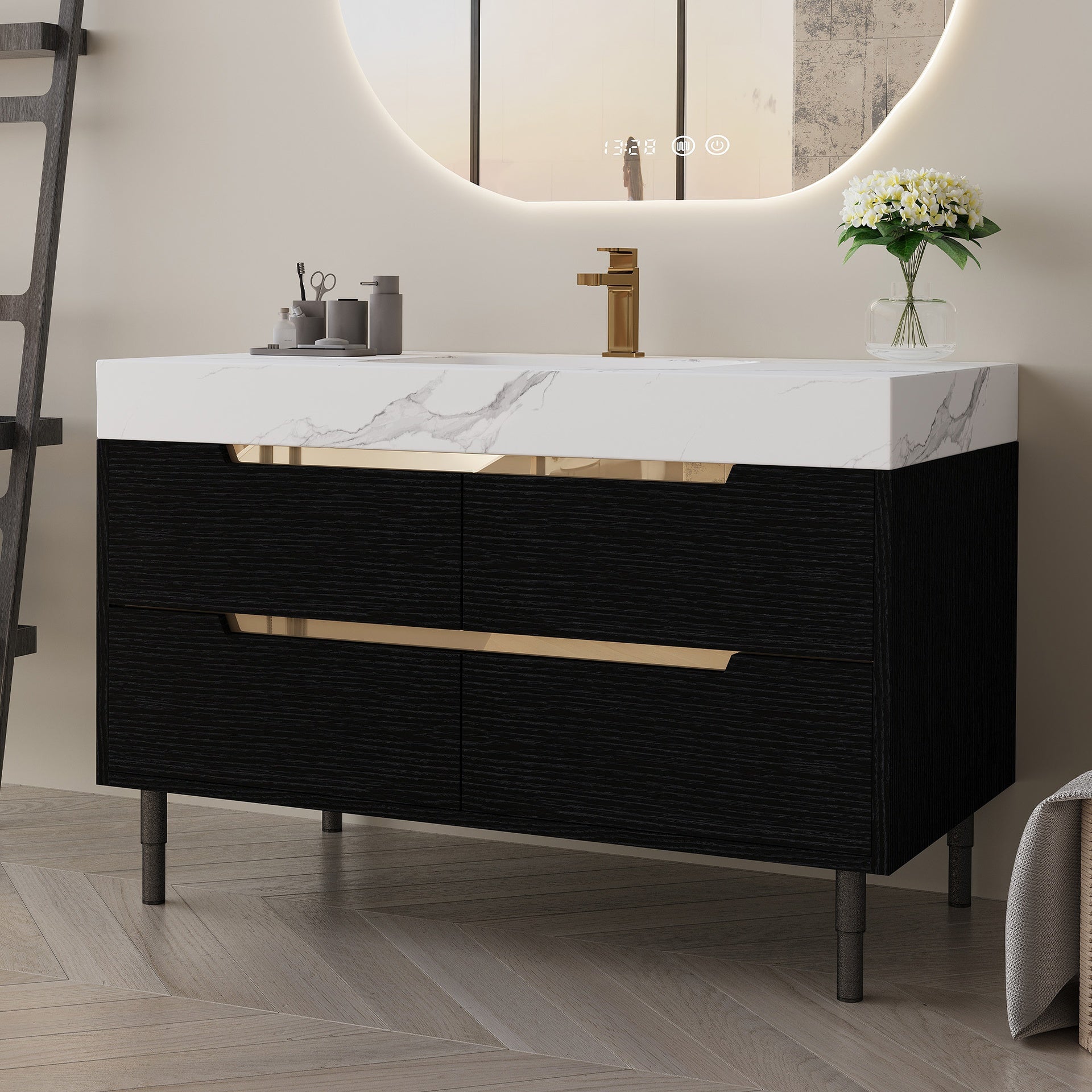 35.4" Modern Bathroom Vanity with Undermount Sink, Sintered Stone Top, Waterproof Multi-layer Solid Wood, 4 Drawers Storage, Free-standing/Wall-Mounted