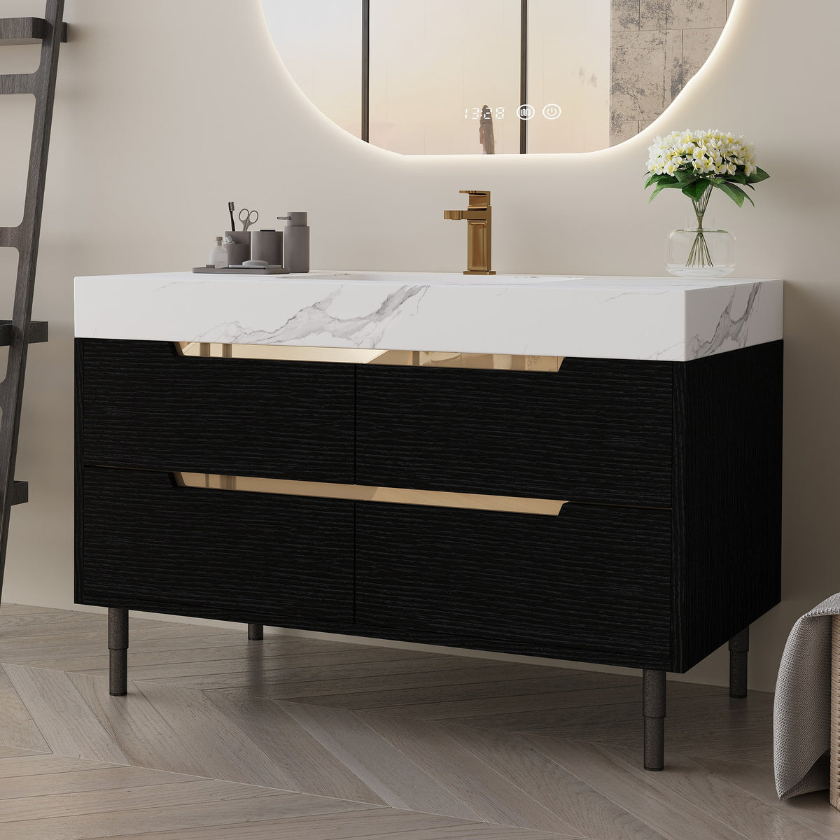 35.4" Modern Bathroom Vanity with Undermount Sink, Sintered Stone Top, Waterproof Multi-layer Solid Wood, 4 Drawers Storage, Free-standing/Wall-Mounted