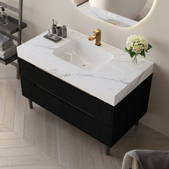 35.4" Modern Bathroom Vanity with Undermount Sink, Sintered Stone Top, Waterproof Multi-layer Solid Wood, 4 Drawers Storage, Free-standing/Wall-Mounted