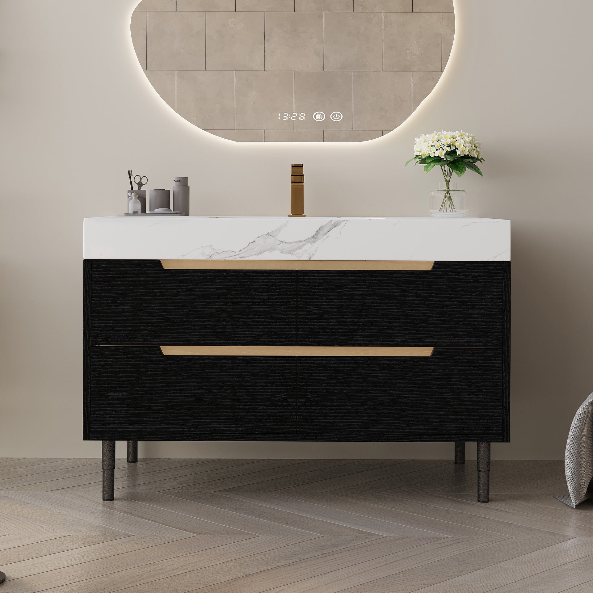 35.4" Modern Bathroom Vanity with Undermount Sink, Sintered Stone Top, Waterproof Multi-layer Solid Wood, 4 Drawers Storage, Free-standing/Wall-Mounted
