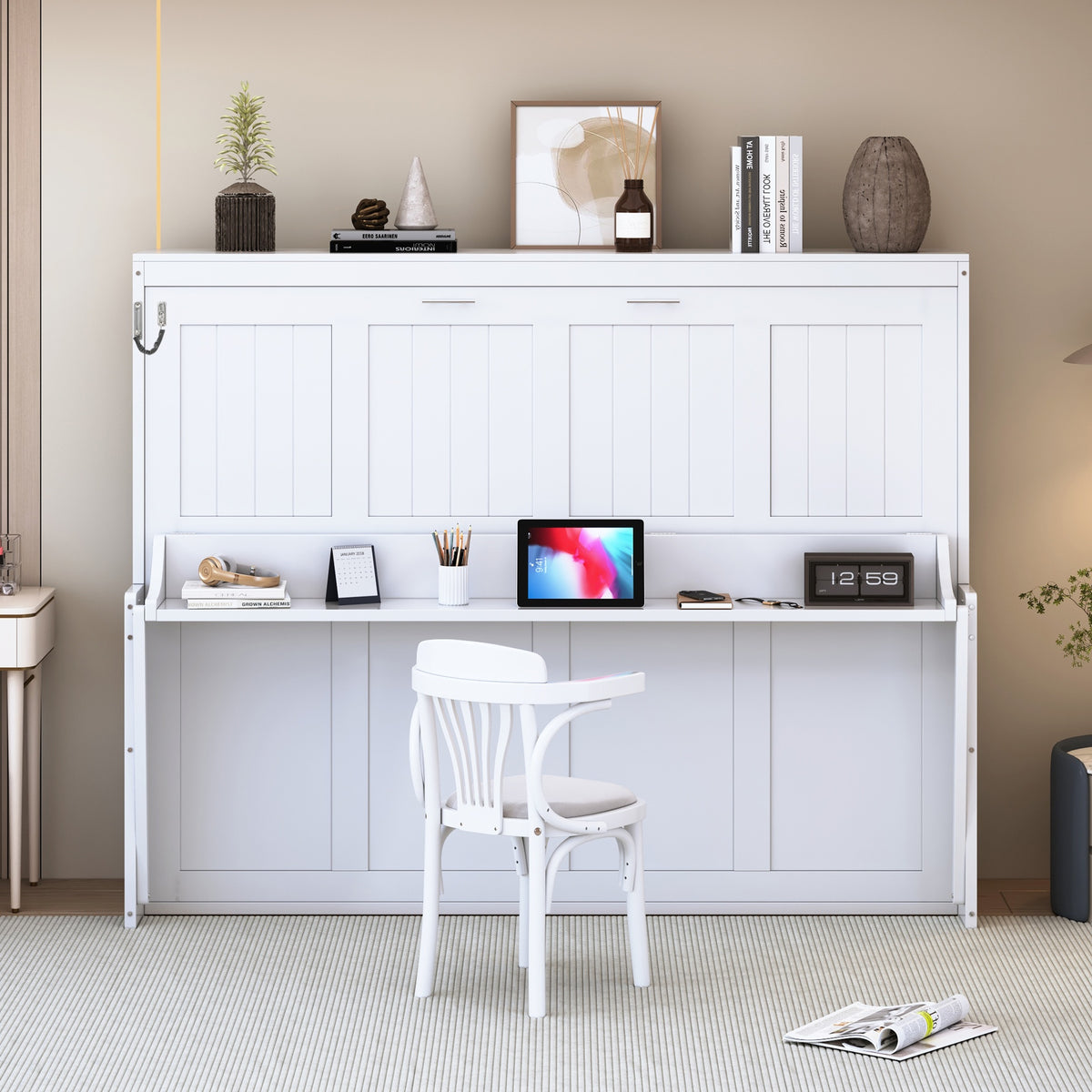 Full Size Murphy Bed with Hydraulic Lift & Desk Design, White