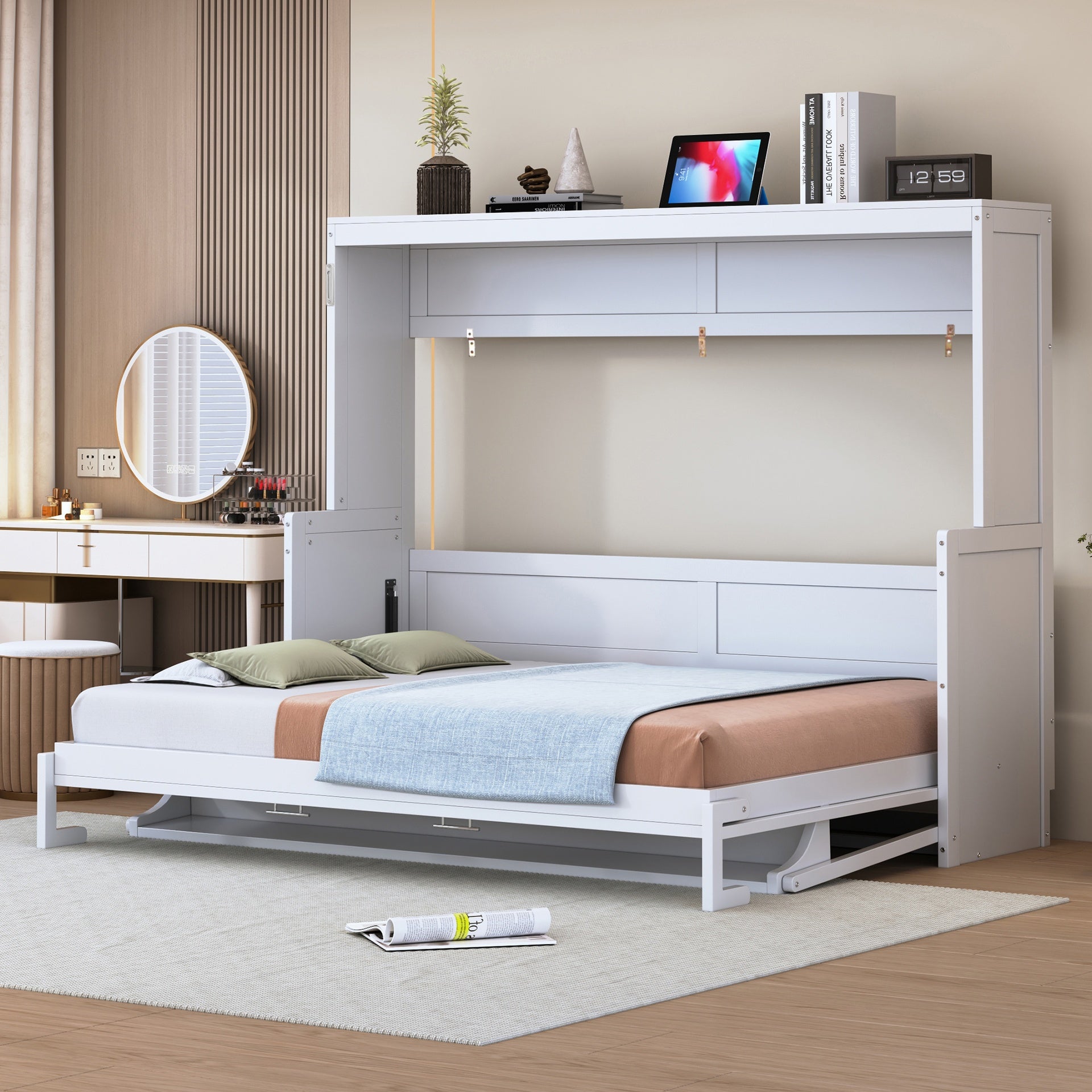 Full Size Murphy Bed with Hydraulic Lift & Desk Design, White